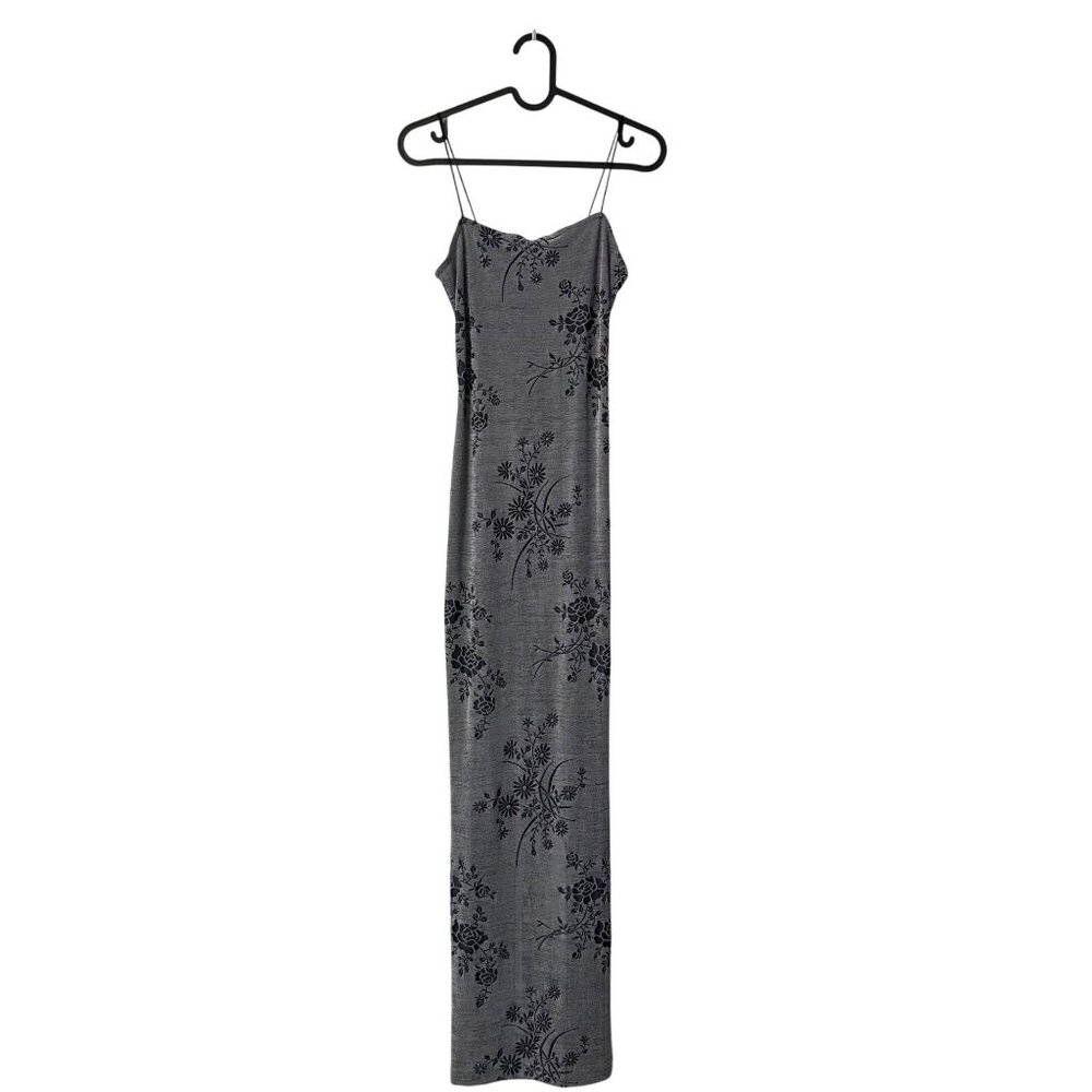 VTG Top This Friends 90s Y2K Black Gray Floral Slinky Maxi Dress Womens Small